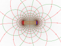 Magnetfeld Darstellung Stabmagnet sw Linien Flächen Pole Magnet unten.png